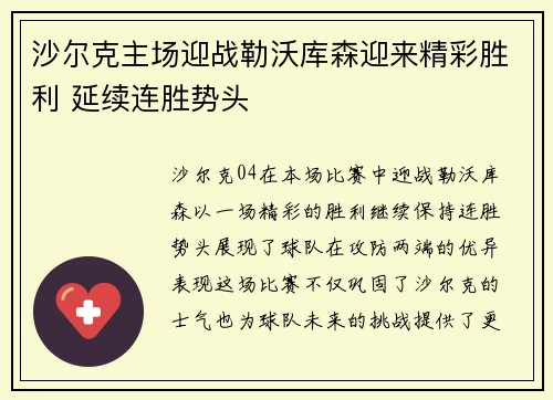 沙尔克主场迎战勒沃库森迎来精彩胜利 延续连胜势头